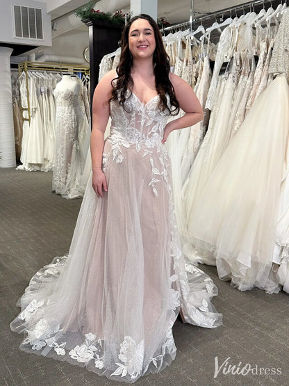 Glitter Tulle A-Line Wedding Dress with Slit, Floral Lace Appliqué, Spaghetti Straps – VW2588-wedding dresses 2025 -Viniodress-Nude-Custom Size-