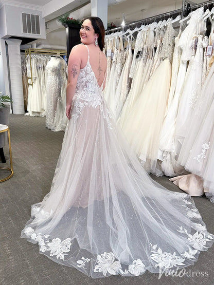Glitter Tulle A-Line Wedding Dress with Slit, Floral Lace Appliqué, Spaghetti Straps – VW2588-wedding dresses 2025 -Viniodress-Nude-Custom Size-