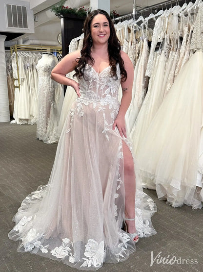 Glitter Tulle A-Line Wedding Dress with Slit, Floral Lace Appliqué, Spaghetti Straps – VW2588-wedding dresses 2025 -Viniodress-Nude-Custom Size-