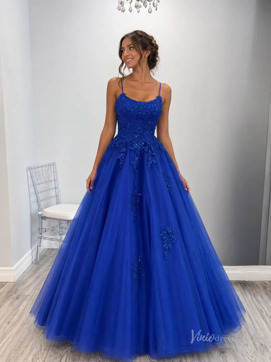 Glitter Tulle Ball Gown Prom Dress with Lace Appliqué Bodice, Spaghetti Straps & Lace-Up Back – TU022-prom dresses 2026-Viniodress-Peach-US 0-