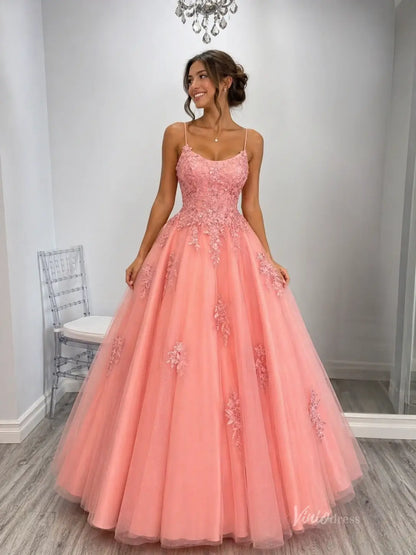 Glitter Tulle Ball Gown Prom Dress with Lace Appliqué Bodice, Spaghetti Straps & Lace-Up Back – TU022-prom dresses 2026-Viniodress-Peach-US 0-