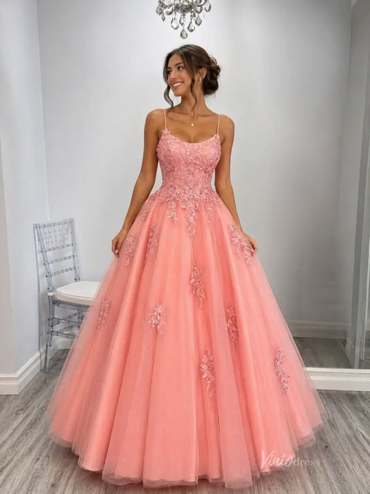 Glitter Tulle Ball Gown Prom Dress with Lace Appliqué Bodice, Spaghetti Straps & Lace-Up Back – TU022-prom dresses 2026-Viniodress-Peach-US 0-
