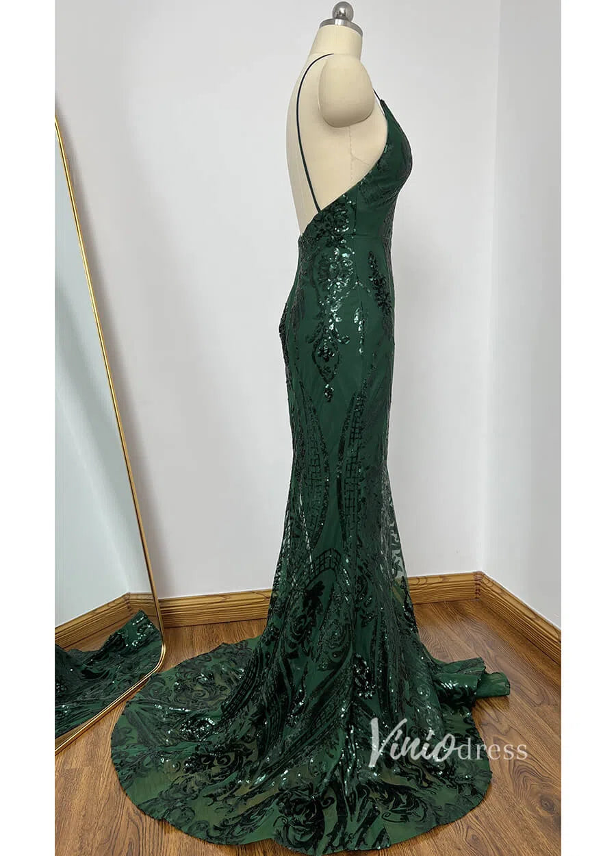 Glittering Dark Green Mermaid Prom Dresses Spaghetti Strap FD1550-prom dresses 2025 -Viniodress-Green-Custom Size-