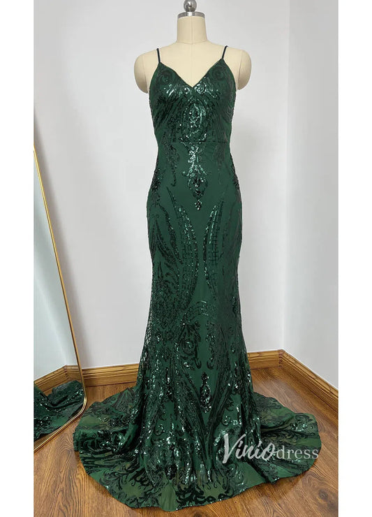 Prom Dress 2025 Glittering Dark Green Mermaid Prom Dresses Spaghetti Strap FD1550-unique prom dresses-Green-Custom Size-Viniodress