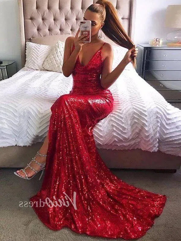 Prom Dress 2025 Glittering Red Sequin Mermaid Prom Dresses with Slit FD1403-unique prom dresses-Red-Custom Size-Viniodress