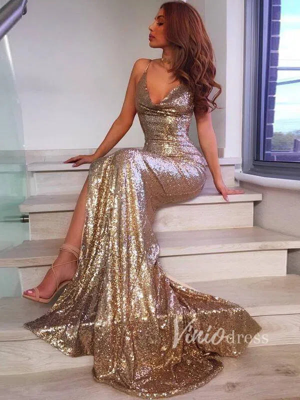 Glittering Red Sequin Mermaid Prom Dresses with Slit FD1403-prom dresses-Viniodress-Rose Gold-Custom Size-Viniodress