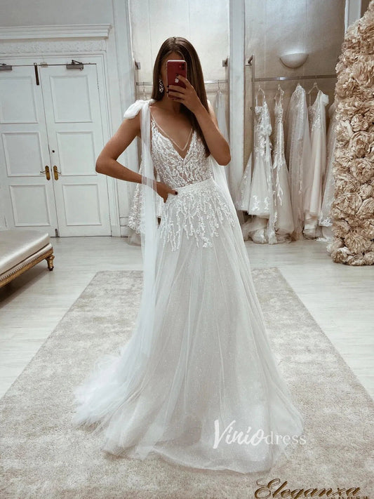 Glittery A-line V-neck Wedding Dresses Beaded Bodice VW2064-wedding dresses 2025 -Viniodress-Ivory-Custom Size-