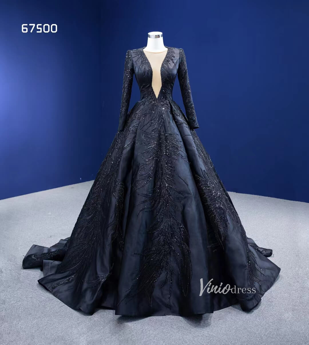 Glittery Black Wedding Dress Vintage Prom Ball Gown Long Sleeve 67500-prom dresses 2025 -Viniodress-Black-Custom Size-