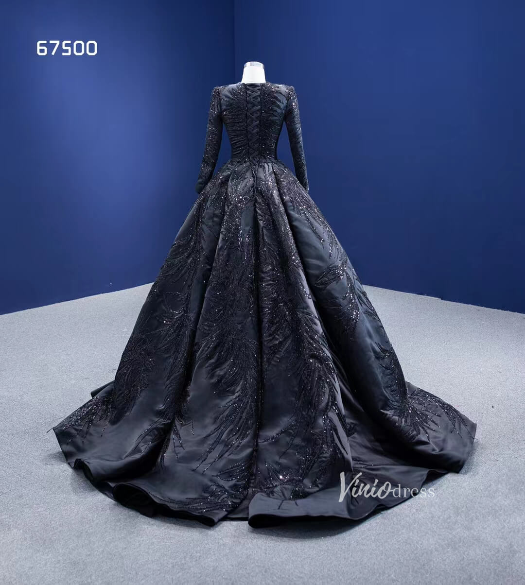 Glittery Black Wedding Dress Vintage Prom Ball Gown Long Sleeve 67500-prom dresses 2025 -Viniodress-Black-Custom Size-