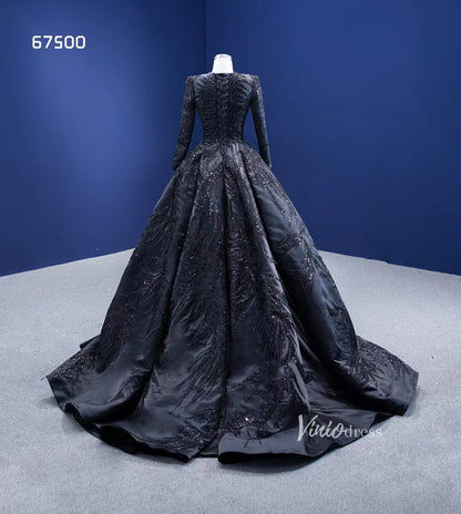 Glittery Black Wedding Dress Vintage Prom Ball Gown Long Sleeve 67500-prom dresses 2025 -Viniodress-Black-Custom Size-