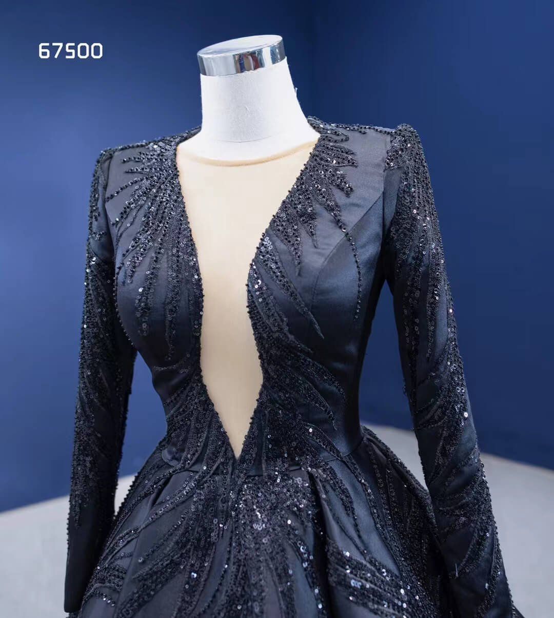 Glittery Black Wedding Dress Vintage Prom Ball Gown Long Sleeve 67500-prom dresses 2025 -Viniodress-Black-Custom Size-
