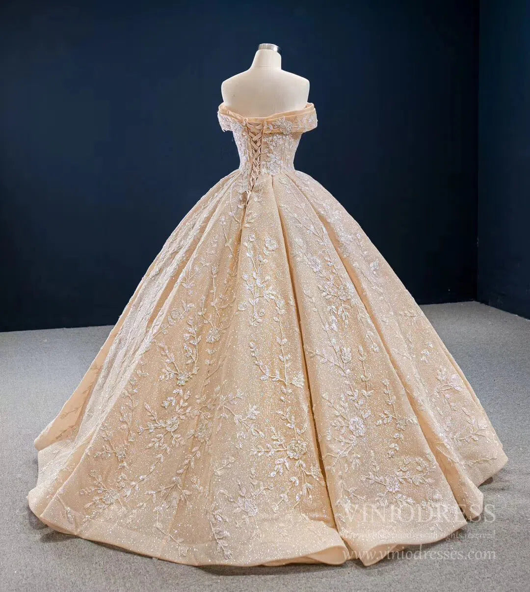 Glittery Champagne Quinceanera Dresses Off the Shoulder Prom Dress FD2432 viniodress-Quinceanera Dresses 2025 -Viniodress-As Picture-Custom Size-