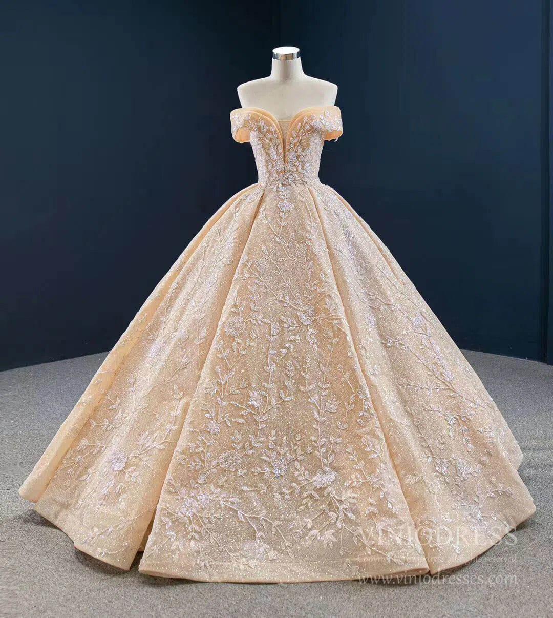 Glittery Champagne Quinceanera Dresses Off the Shoulder Prom Dress FD2432 viniodress-Quinceanera Dresses 2025 -Viniodress-As Picture-Custom Size-