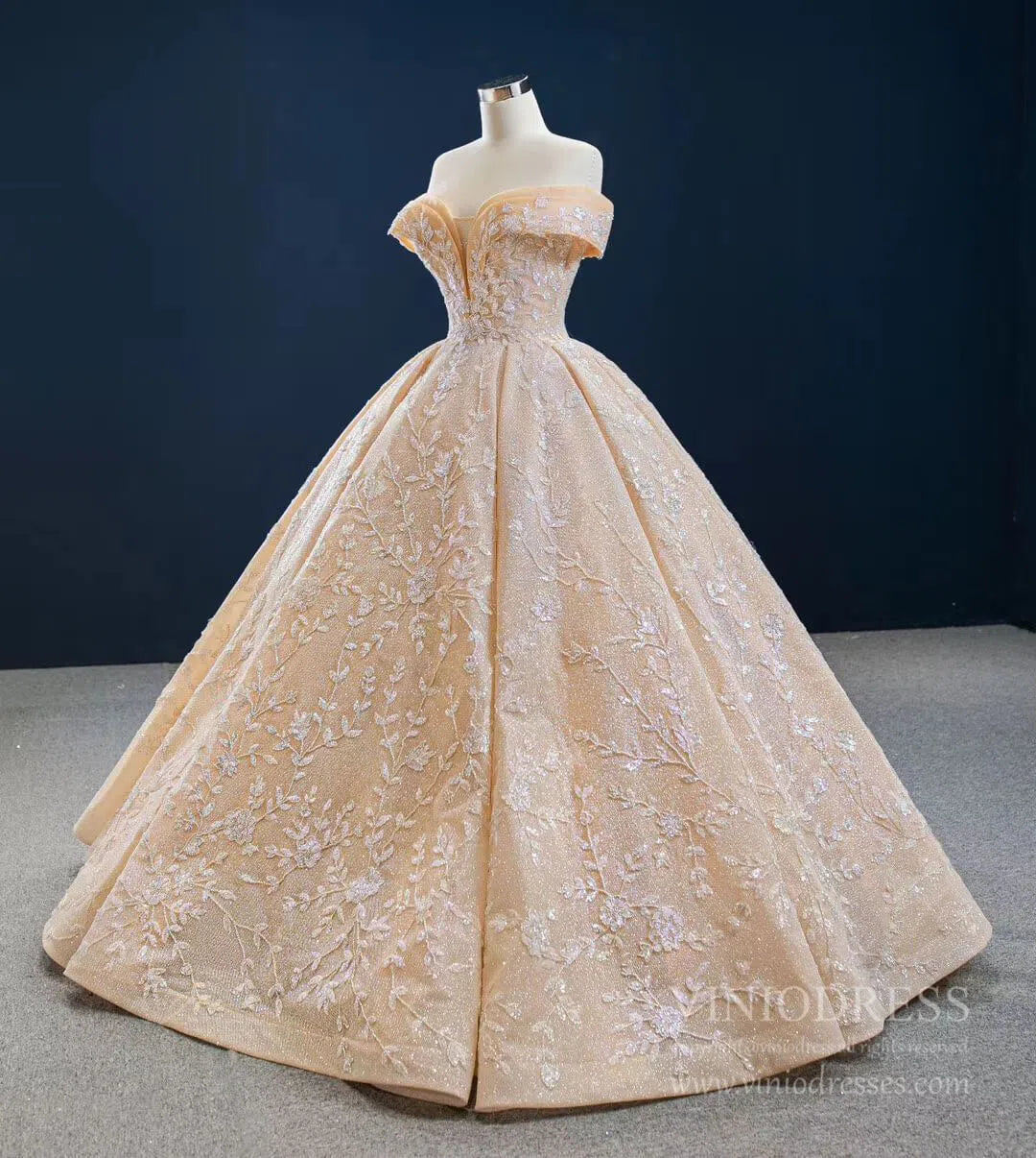 Glittery Champagne Quinceanera Dresses Off the Shoulder Prom Dress FD2432 viniodress-Quinceanera Dresses 2025 -Viniodress-As Picture-Custom Size-