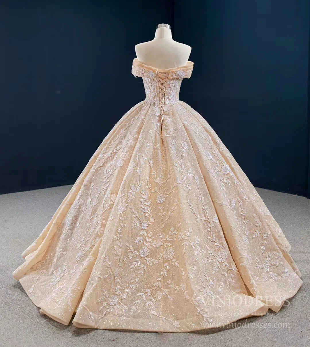 Glittery Champagne Quinceanera Dresses Off the Shoulder Prom Dress FD2432 viniodress-Quinceanera Dresses 2025 -Viniodress-As Picture-Custom Size-