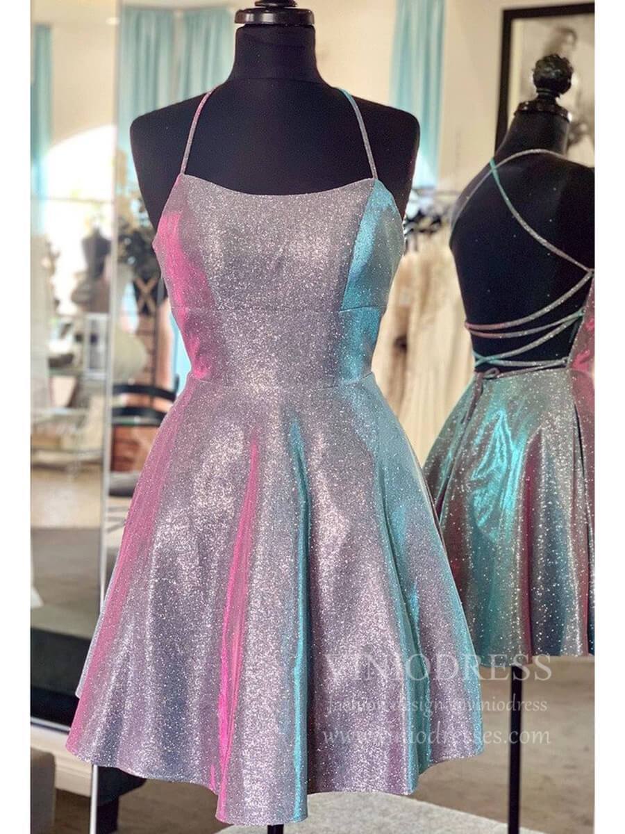 Short Prom Dresses 2025 Glittery Crisscross Spaghetti Strap Homecoming Dresses SD1284-homecoming dresses-Viniodress-Grey-Custom Size-Viniodress