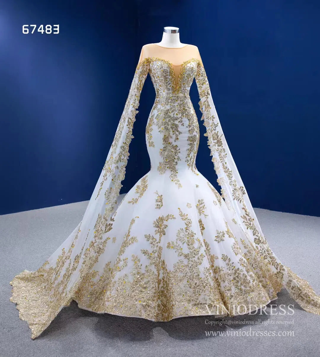 Glittery Gold Mermaid Pageant Gown Green Cape Sleeve Wedding Dress 67483-wedding dresses 2025 -Viniodress-Green-Custom Size-