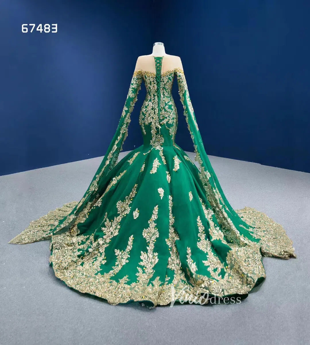 Glittery Gold Mermaid Pageant Gown Green Cape Sleeve Wedding Dress 67483-wedding dresses 2025 -Viniodress-Green-Custom Size-