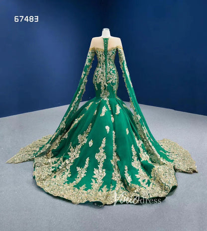 Glittery Gold Mermaid Pageant Gown Green Cape Sleeve Wedding Dress 67483-wedding dresses 2025 -Viniodress-Green-Custom Size-