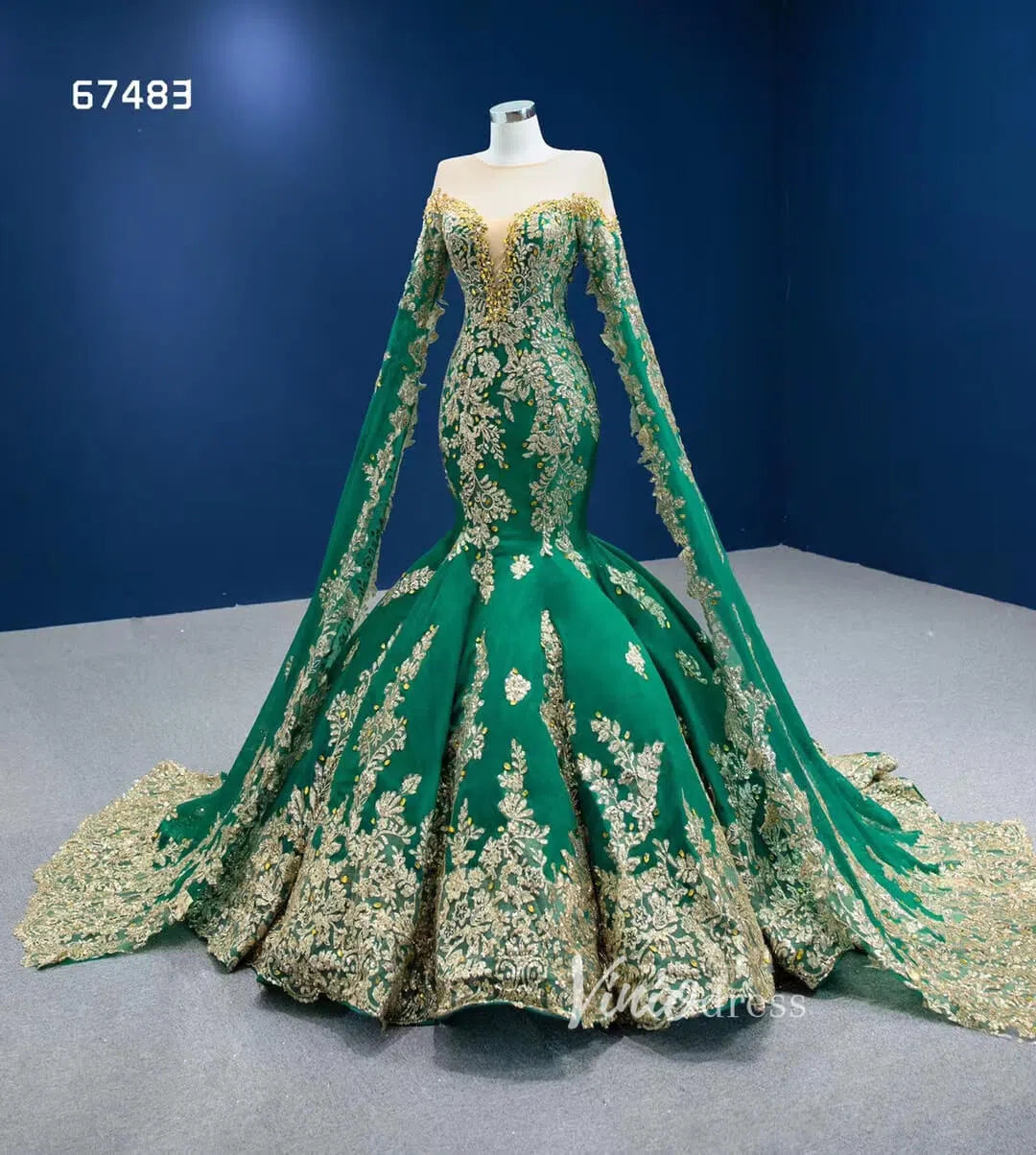 Glittery Gold Mermaid Pageant Gown Green Cape Sleeve Wedding Dress 67483-wedding dresses 2025 -Viniodress-Green-Custom Size-