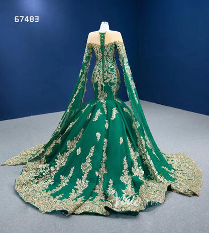 Glittery Gold Mermaid Pageant Gown Green Cape Sleeve Wedding Dress 67483-wedding dresses 2025 -Viniodress-Green-Custom Size-