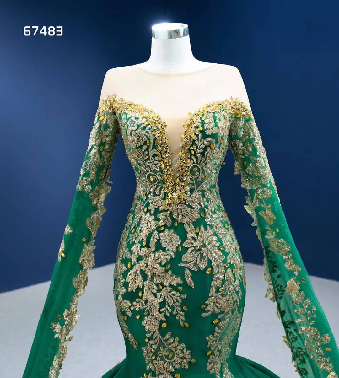 Glittery Gold Mermaid Pageant Gown Green Cape Sleeve Wedding Dress 67483-wedding dresses 2025 -Viniodress-Green-Custom Size-
