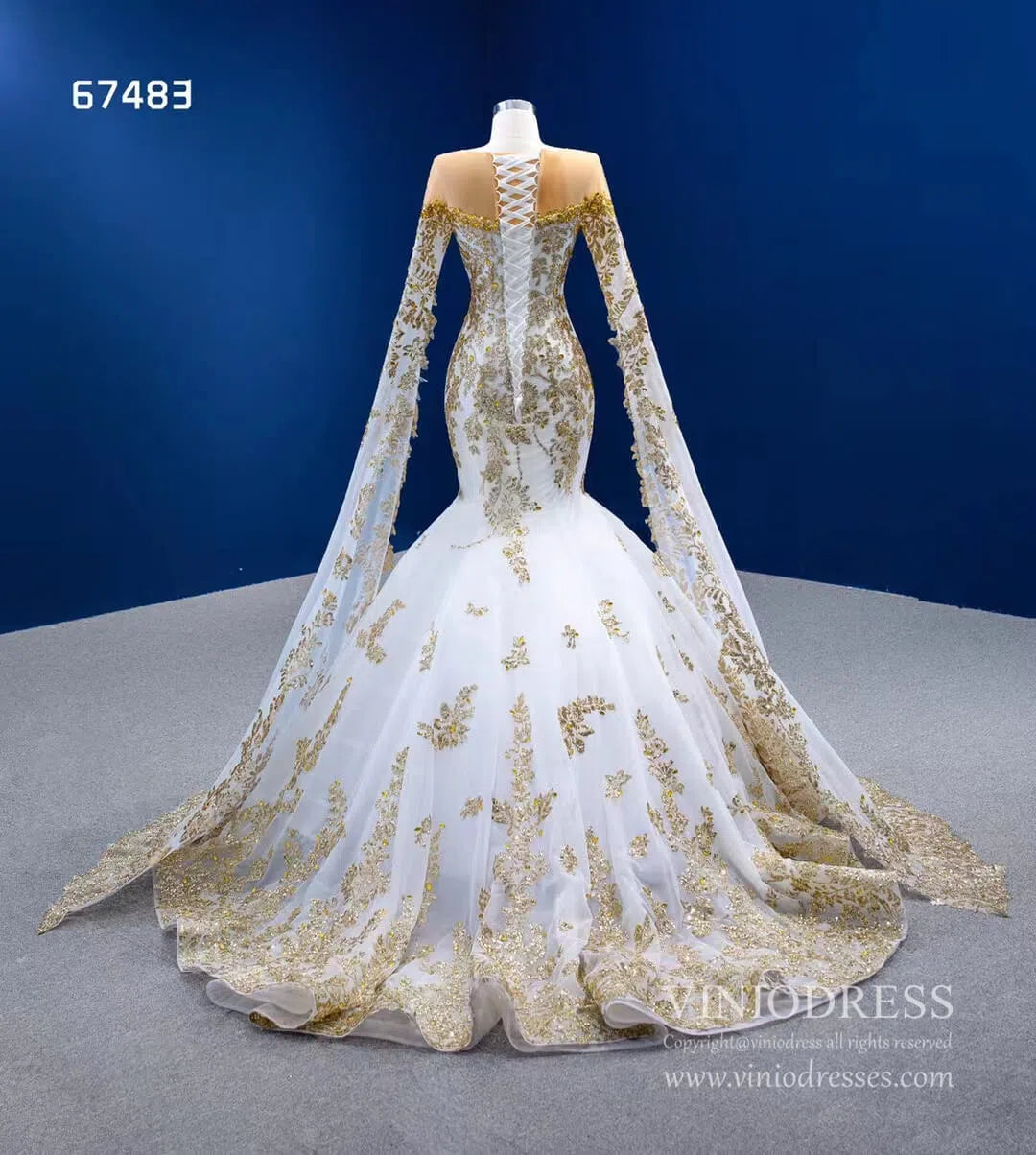 Glittery Gold Mermaid Pageant Gown Green Cape Sleeve Wedding Dress 67483-wedding dresses 2025 -Viniodress-Green-Custom Size-