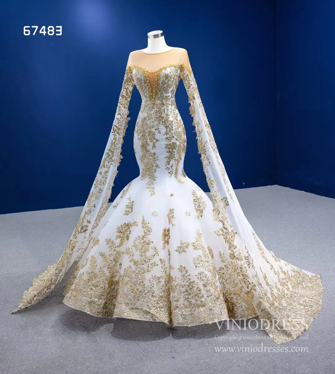 Glittery Gold Mermaid Pageant Gown Green Cape Sleeve Wedding Dress 67483-wedding dresses 2025 -Viniodress-Green-Custom Size-