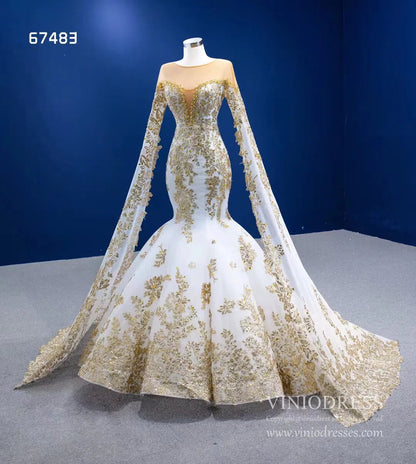 Glittery Gold Mermaid Pageant Gown Green Cape Sleeve Wedding Dress 67483-wedding dresses 2025 -Viniodress-Green-Custom Size-
