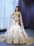 Glittery Gold Mermaid Pageant Gown Green Cape Sleeve Wedding Dress 67483-wedding dresses-Viniodress-Gold-Custom Size-Viniodress