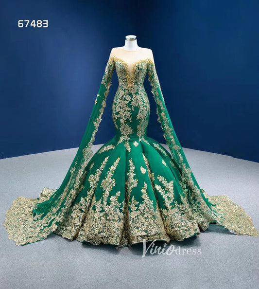 Prom Dress 2025 Glittery Gold Mermaid Pageant Gown Green Cape Sleeve Wedding Dress 67483-unique wedding dresses-Green-Custom Size-Viniodress