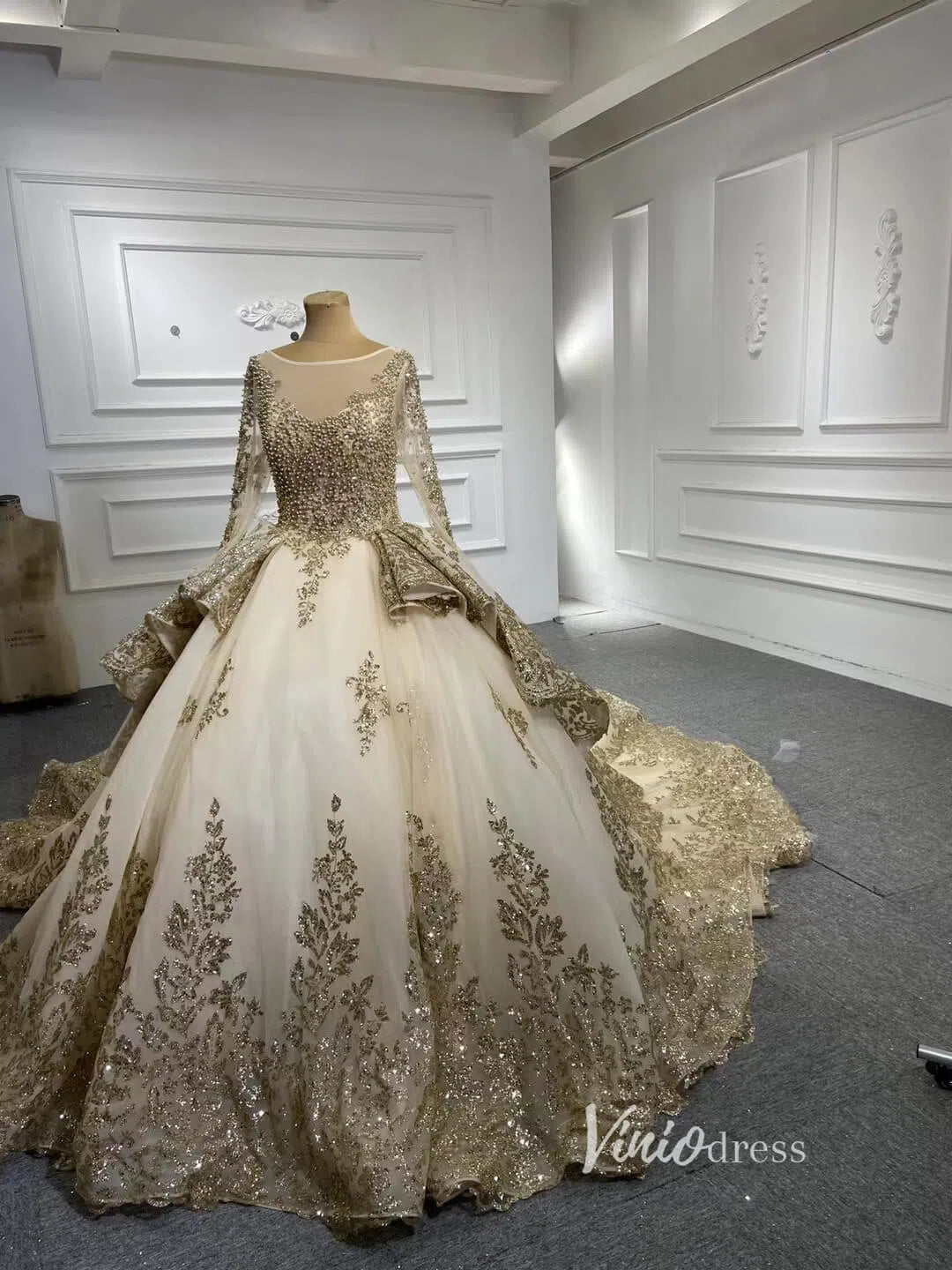 Glittery Gold Wedding Dresses with Sleeves 66949 Beaded Bodice-wedding dresses 2025 -Viniodress-Gold-Custom Size-V-neck