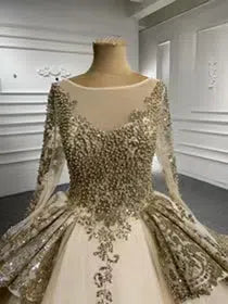 Glittery Gold Wedding Dresses with Sleeves 66949 Beaded Bodice-wedding dresses 2025 -Viniodress-Gold-Custom Size-V-neck