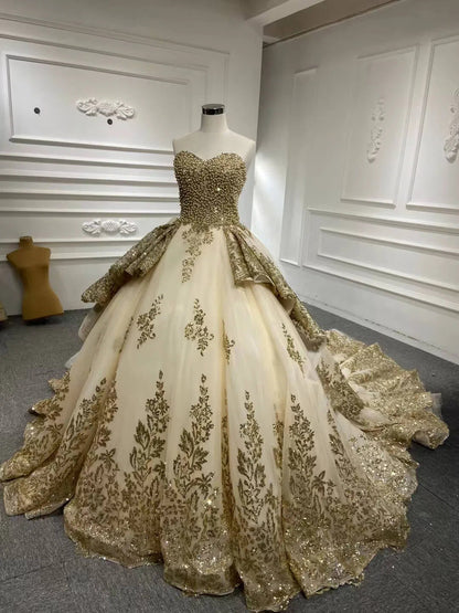 Glittery Gold Wedding Dresses with Sleeves 66949 Beaded Bodice-wedding dresses 2025 -Viniodress-Gold-Custom Size-V-neck