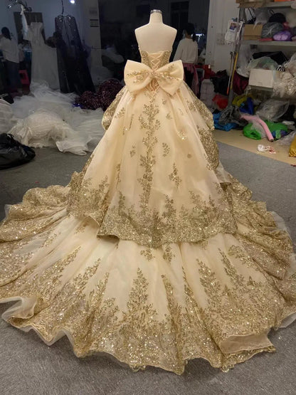 Glittery Gold Wedding Dresses with Sleeves 66949 Beaded Bodice-wedding dresses 2025 -Viniodress-Gold-Custom Size-V-neck