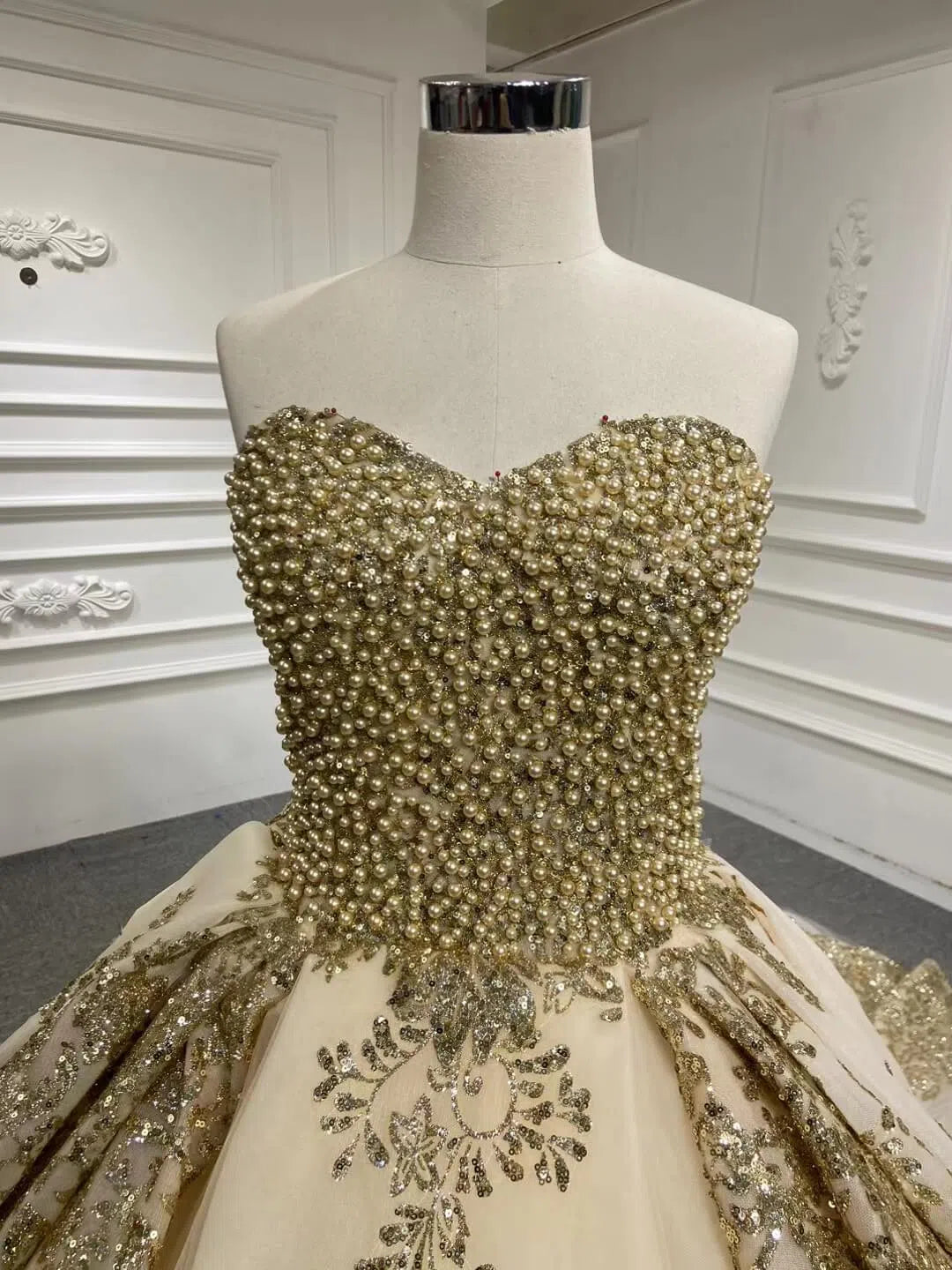 Glittery Gold Wedding Dresses with Sleeves 66949 Beaded Bodice-wedding dresses 2025 -Viniodress-Gold-Custom Size-V-neck