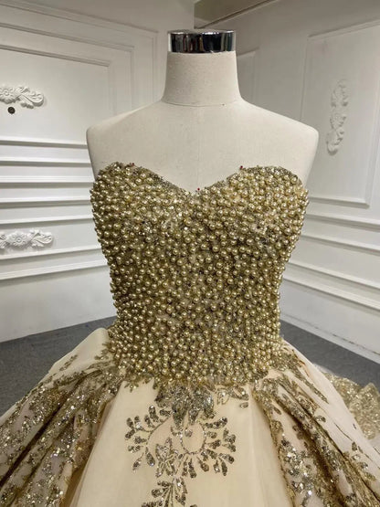 Glittery Gold Wedding Dresses with Sleeves 66949 Beaded Bodice-wedding dresses 2025 -Viniodress-Gold-Custom Size-V-neck