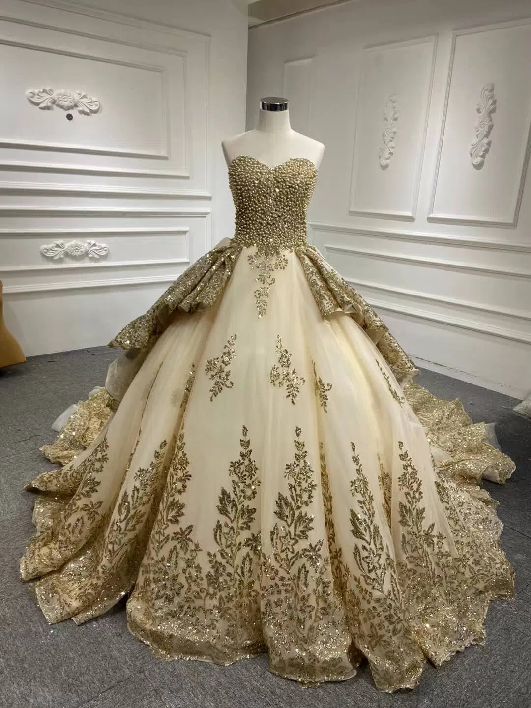 Glittery Gold Wedding Dresses with Sleeves 66949 Beaded Bodice-wedding dresses 2025 -Viniodress-Gold-Custom Size-V-neck