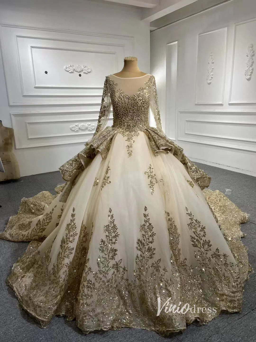 Glittery Gold Wedding Dresses with Sleeves 66949 Beaded Bodice – Viniodress