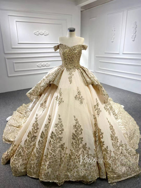 Glittery Gold Wedding Dresses with Sleeves 66949 Beaded Bodice – Viniodress