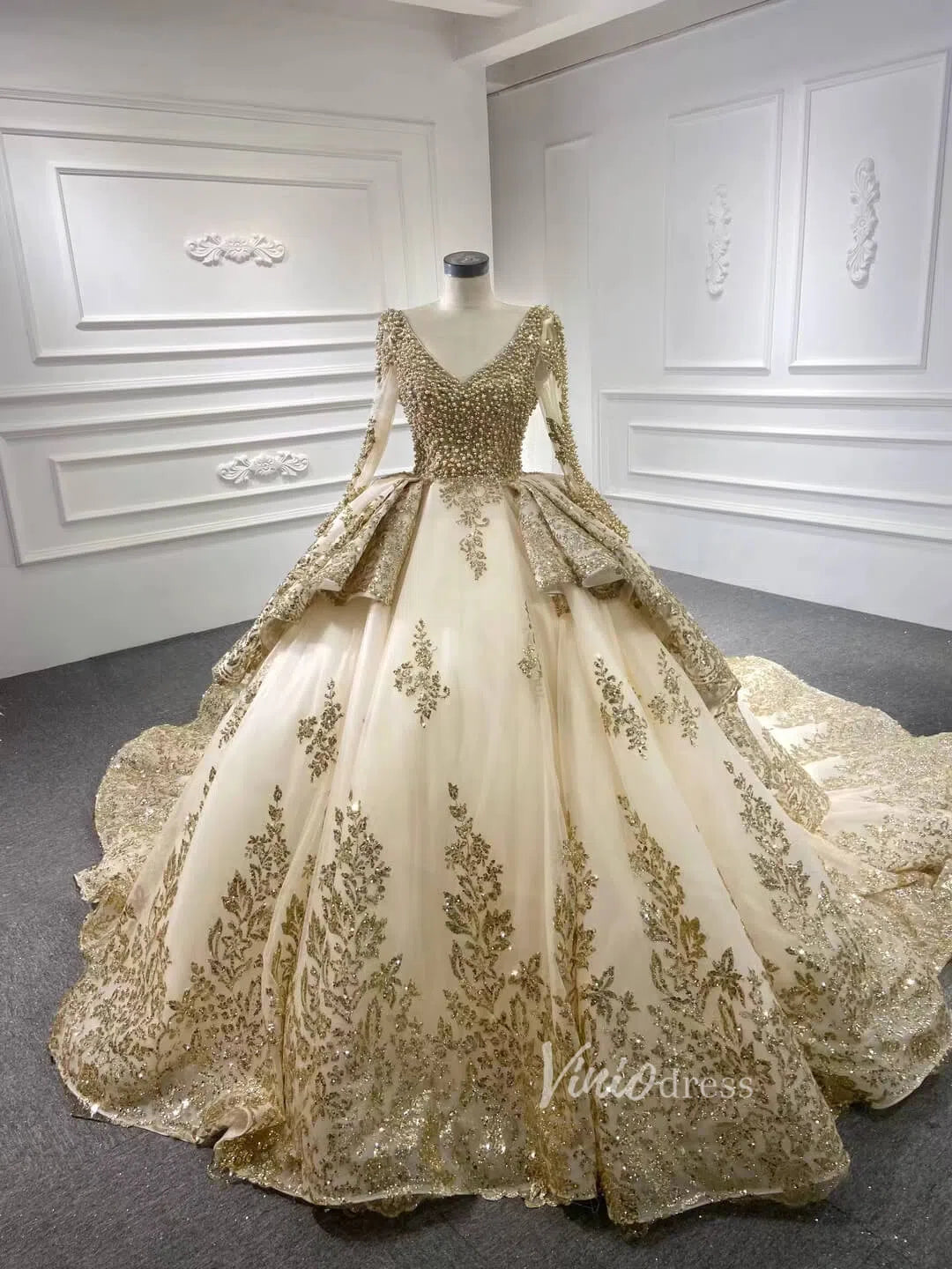 Glittery Gold Wedding Dresses with Sleeves 66949 Beaded Bodice-wedding dresses-Viniodress-Gold-Custom Size-V-neck-Viniodress