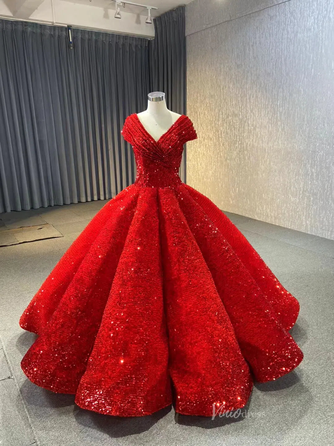 Glittery Sequin Gold Ball Gown Golden Wedding Dresses 66567 viniodress-Quinceanera Dresses 2025 -Viniodress-Red-Custom Size-