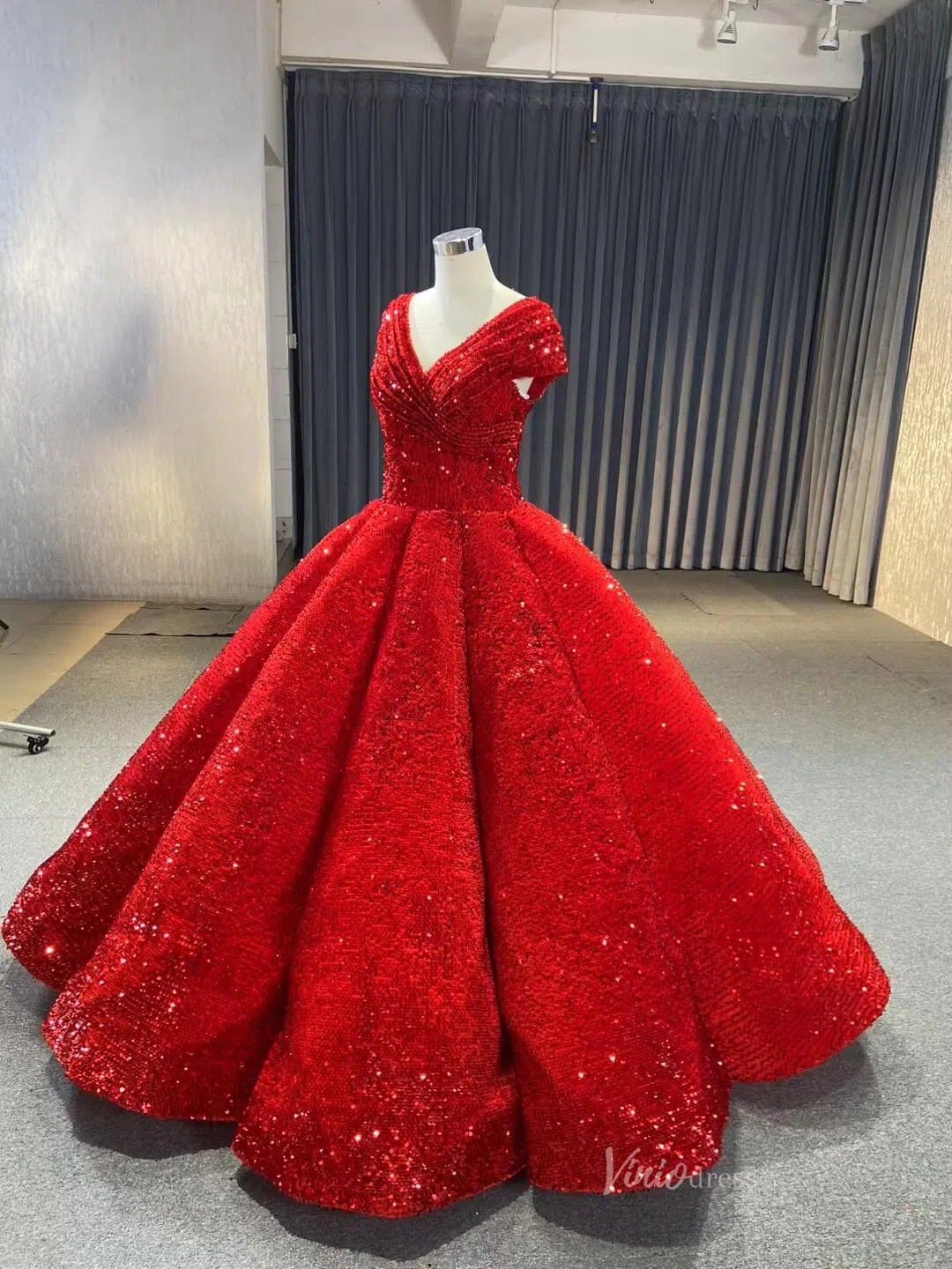 Glittery Sequin Gold Ball Gown Golden Wedding Dresses 66567 viniodress-Quinceanera Dresses 2025 -Viniodress-Red-Custom Size-