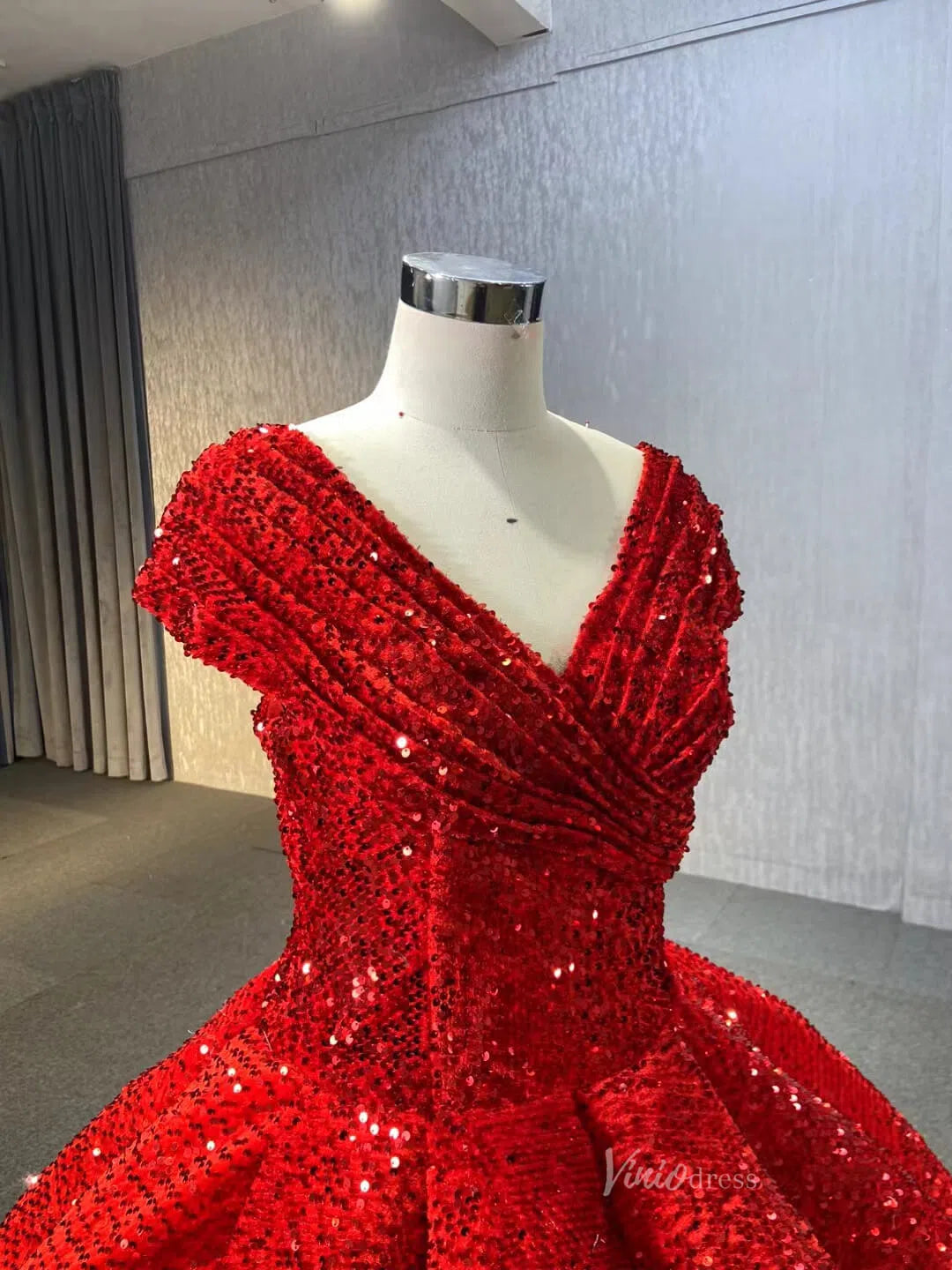 Glittery Sequin Gold Ball Gown Golden Wedding Dresses 66567 viniodress-Quinceanera Dresses 2025 -Viniodress-Red-Custom Size-