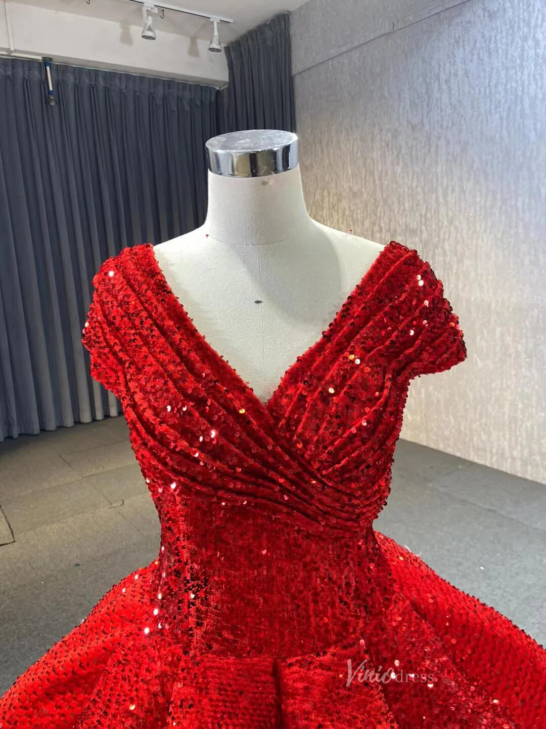 Glittery Sequin Gold Ball Gown Golden Wedding Dresses 66567 viniodress-Quinceanera Dresses 2025 -Viniodress-Red-Custom Size-
