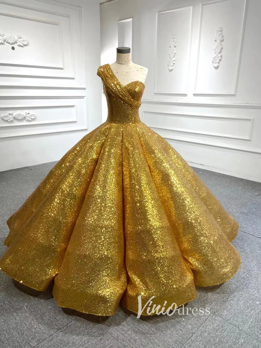 Prom Dress 2025 Glittery Sequin Gold Ball Gown Golden Wedding Dresses 66567 viniodress-unique Quinceanera Dresses-Red-Custom Size-Viniodress