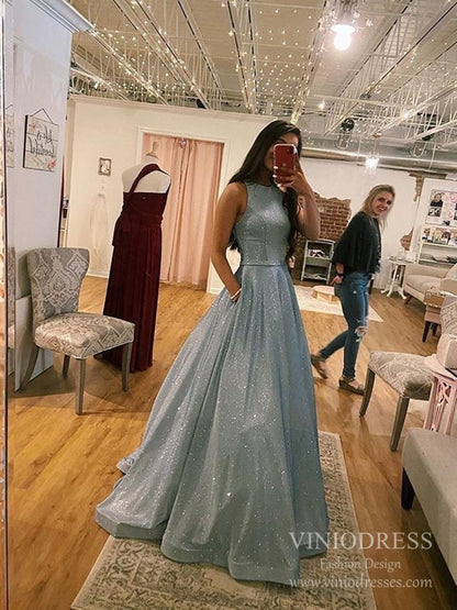 Glittery Silver and Blue Long Prom Dresses with Pockets FD2534-prom dresses 2025 -Viniodress-Silver-Custom Size-