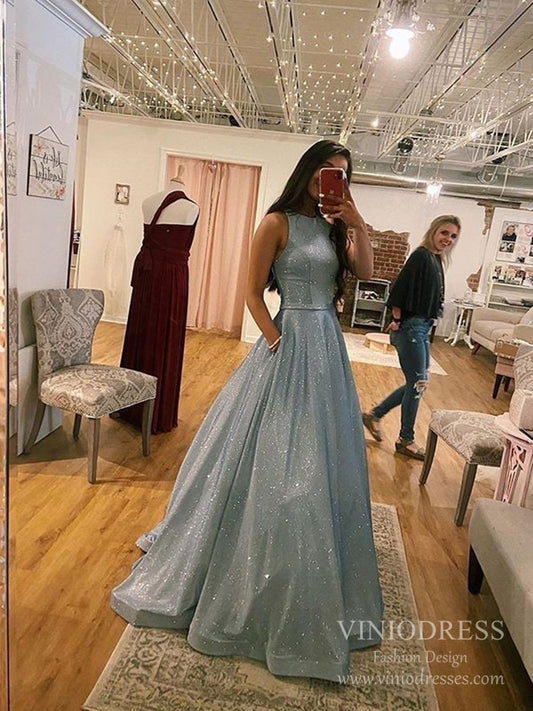 Glittery Silver and Blue Long Prom Dresses with Pockets FD2534-prom dresses 2025 -Viniodress-Silver-Custom Size-