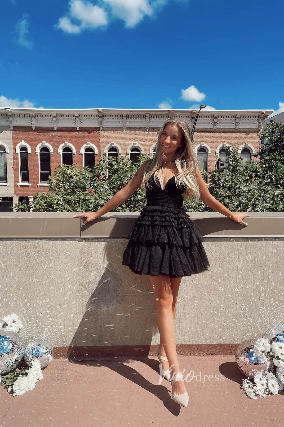 Glittery Tulle Homecoming Dresses A-line Tiered Short Graduation Dress SD1529-Homecoming Dresses 2025 -Viniodress-Pink-Custom Size-