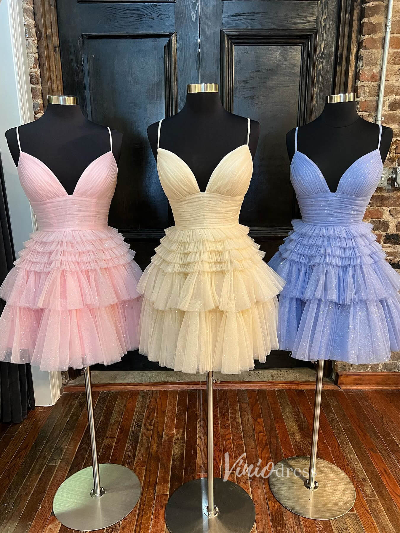 Glittery Tulle Homecoming Dresses A-line Tiered Short Graduation Dress SD1529-Homecoming Dresses 2025 -Viniodress-Pink-Custom Size-